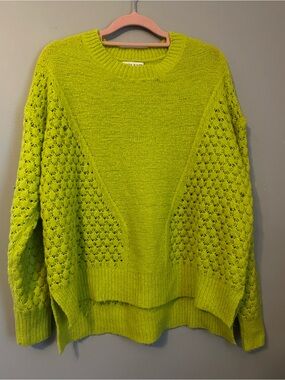 Moon River Sweater Womens M Neon Green Chartreuse Crochet Sleeve Knit Pullover